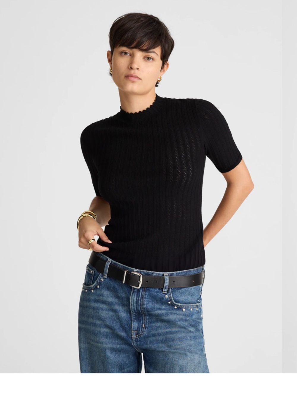 Madewell Black Pointelle Knit Tee Mock Neck Minimalist Short Sleeve Small NWT